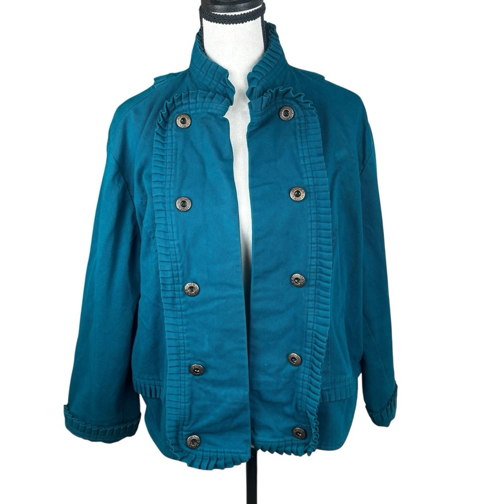 Jessi Lee Teal Military Style Jacket Women's XL 1X Double Breasted 100% Cotton